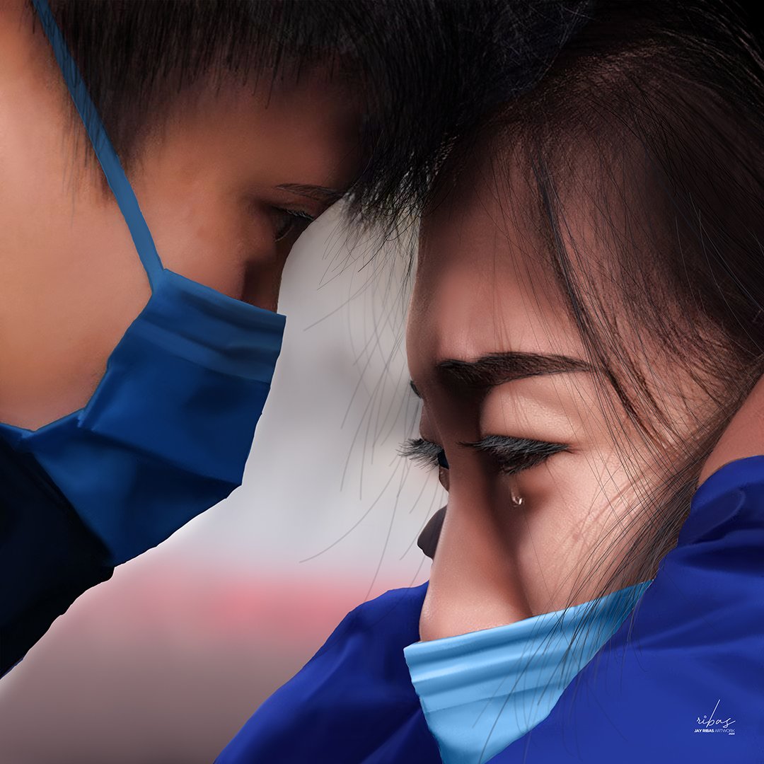 jay_ribas's tweet photo. This is an artwork I made for all doctors treating the corona virus patients. I saw this picture whilst reading an article about a week ago and It's been in my head since then. It's an image of a Chinese doctor leaving his wife; family to go treat corona virus patients in Wuhan. https://t.co/ISeigIlgcF