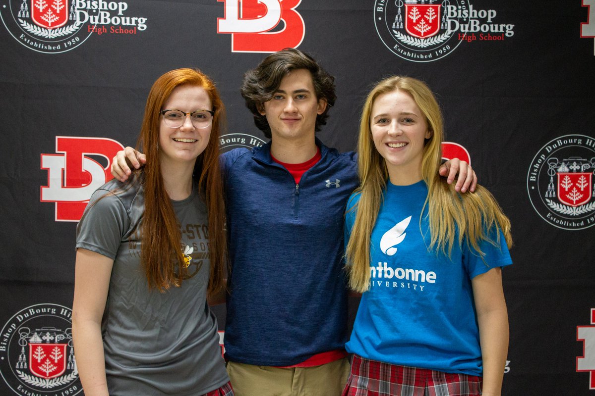 BishopDuBourg's tweet photo. Congratulations to the three-student athletes who signed collegiate letters of intent today! Stevie L. will play soccer at @FontbonneU; Maddi G. will play softball at Fontbonne; and Addy N. will play soccer at @HarrisStowe. Way to go, Cavaliers! #FearTheCavalier https://t.co/TrnPNLT5x0