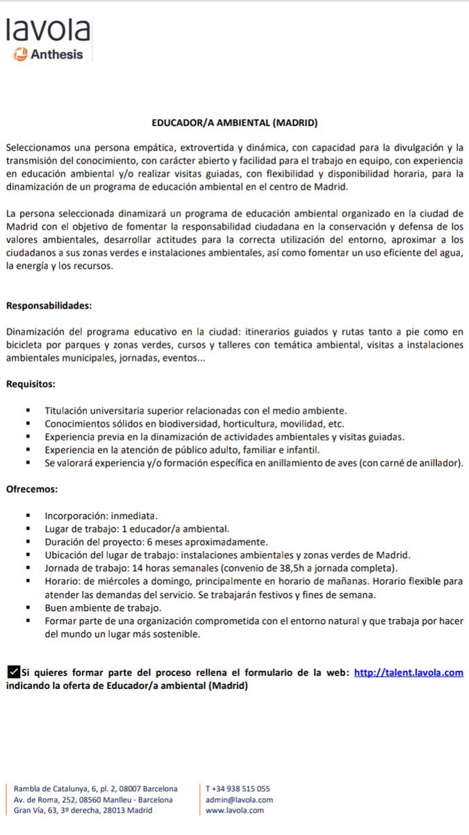 AEAmadrid's tweet photo. #EMPLEO En @Lavola1981 buscan un educador ambiental para dinamizar un programa la ciudad de Madrid. https://t.co/kdvHvRttAy