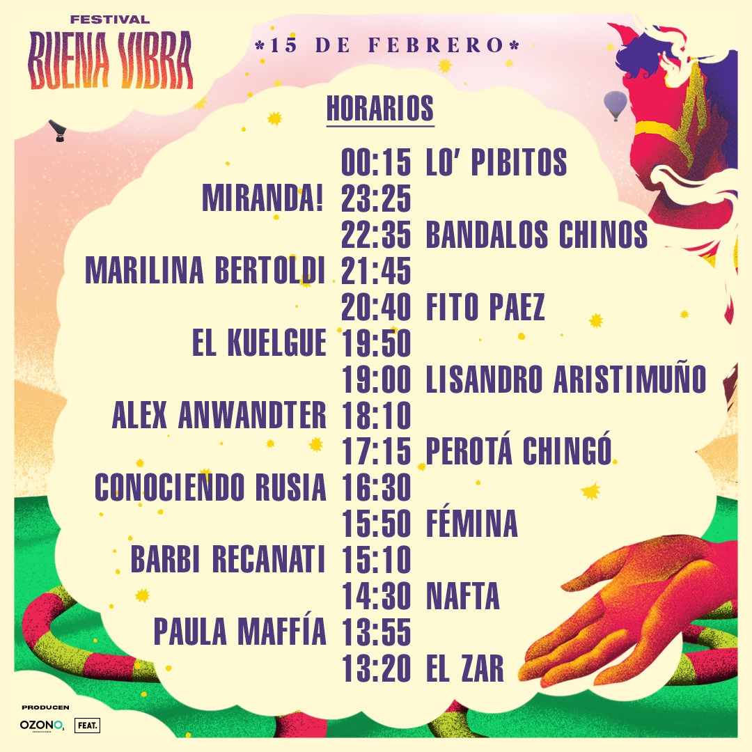 🔉Anunciamos felizmente los horarios para esta edición histórica!!
Ya estamos muy cerca de vivir el Buena Vibra 2020 🔥🔥🔥 ¡No falta nada! ¿Preparadxs?
..
.
📆 Nos vemos el 15 de febrero 📌 en el Hipódromo de Palermo 🦄