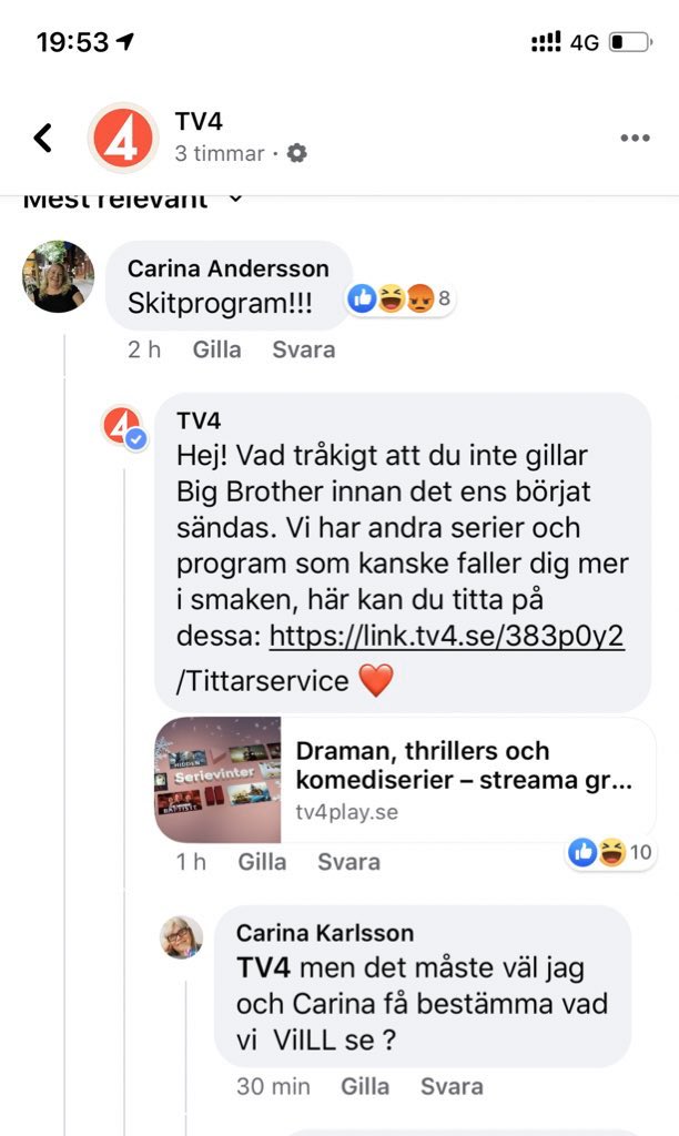 RobinCalmegard's tweet photo. Stökigt. TV4 gör reklam för Big Brother. Carina 1 uttrycker sin åsikt om sagda program. TV4 föreslår henne andra program. Carina 2 rasar över att inte få se vad hon vill. https://t.co/OBBeGoXaza