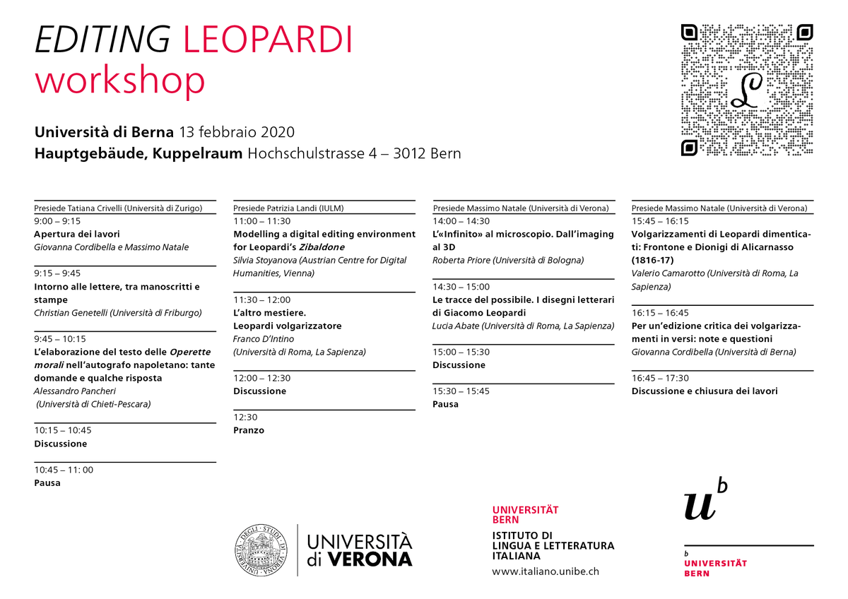 Unibe_Italiano's tweet photo. L’Istituto ha il piacere di invitarvi al workshop “Editing #Leopardi”, organizzata in collaborazione con l’Università di Verona. 13 FEBBRAIO 2020, dalle 9:00 alle 17:30 HAUPTGEBÄUDE, Hochschulstrasse 4 – 3012 Bern
Programma completo su:
https://t.co/QaDOISNfOR #italianoUNIBE https://t.co/NHYCNmKCnG