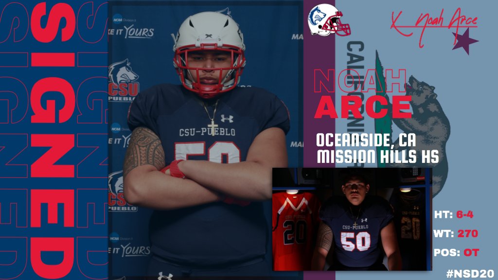 CSUPFootball's tweet photo. WELCOME TO #PACKNATION, NOAH ARCE! 

OL
6-4
270
Oceanside, CA
Mission Hills HS
#NSD20 Website - https://t.co/AyWpDBrtLe
#NationalSigningDay https://t.co/6R27djjvih