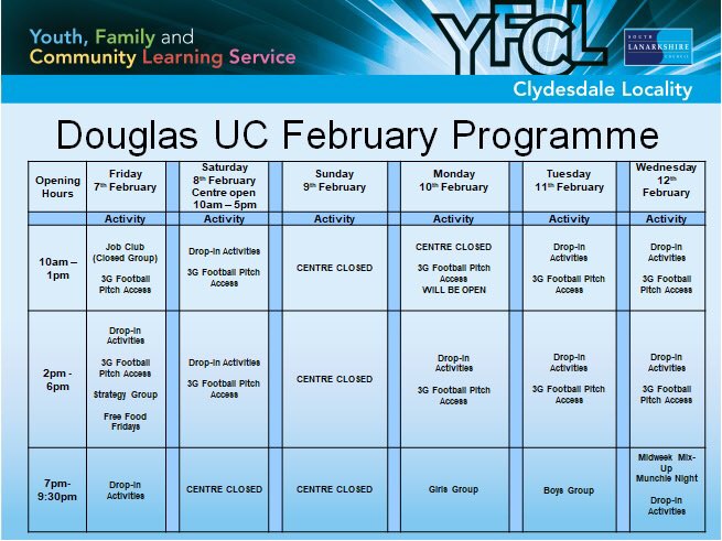 Douglas_UC_YFCL's tweet image. Our #febbreak programme for @Douglas_UC_YFCL 
Please note on Friday and Monday, we will only have the pitch open.