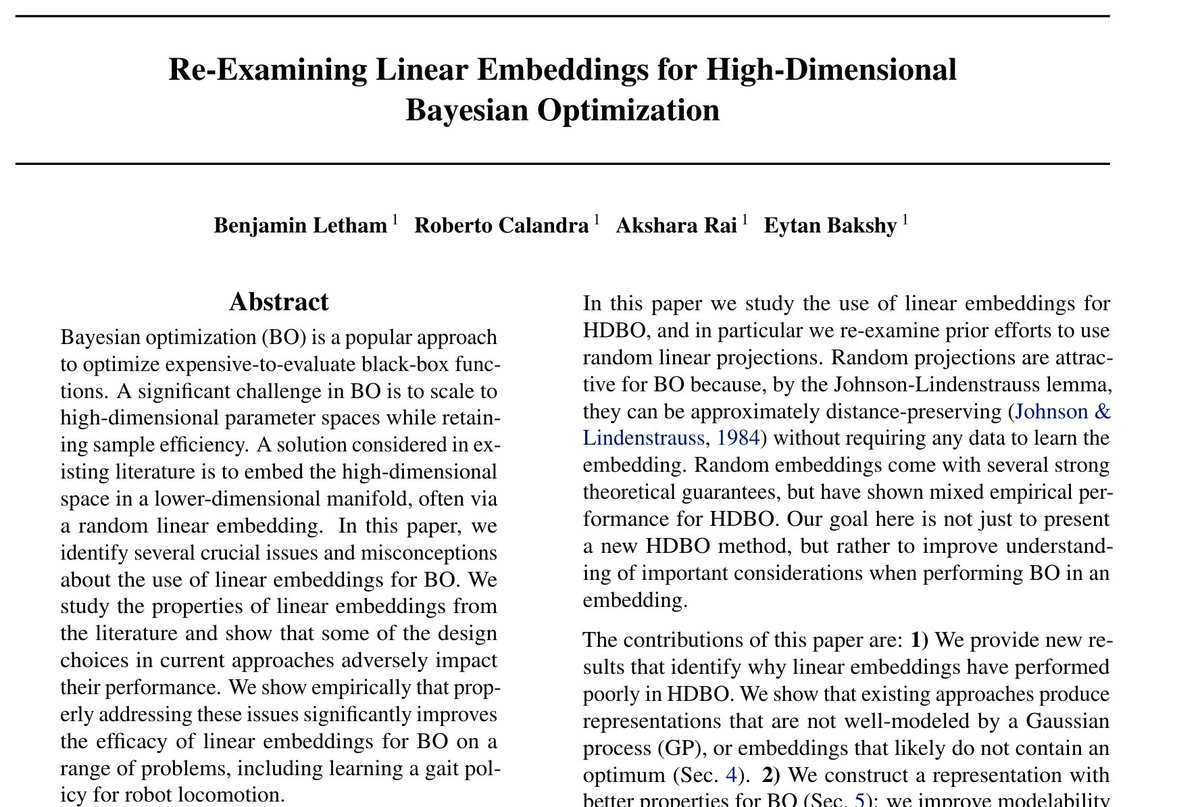 _bletham_'s tweet photo. We investigated why random embeddings can perform poorly for high-dim Bayes Opt even on problems with low-d linear structure. A big factor is model fit, which can be surprisingly poor even in a linear embedding. https://t.co/Oyn5uCeivA . @eytan @RCalandra https://t.co/65QJ5Qp8qs