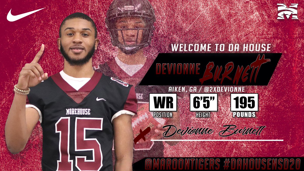 MaroonTigers's tweet photo. Welcome Devionne Burnett to the Morehouse College Family! 🙆🏽‍♂️ #DaHouseNSD20 

🏈 Wide Receiver
🐦 @2xDevionne 
📚 South Aiken HS
📍 Aiken, SC https://t.co/RAVcsPZuVQ