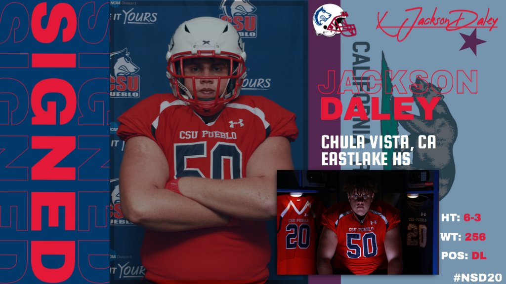 CSUPFootball's tweet photo. WELCOME TO #PACKNATION, JACKSON DALEY! 

DL
6-3
256
Chula Vista, CA
Eastlake HS
#NSD20 Website - https://t.co/AyWpDBrtLe
#NationalSigningDay https://t.co/K1mx3UMzqE