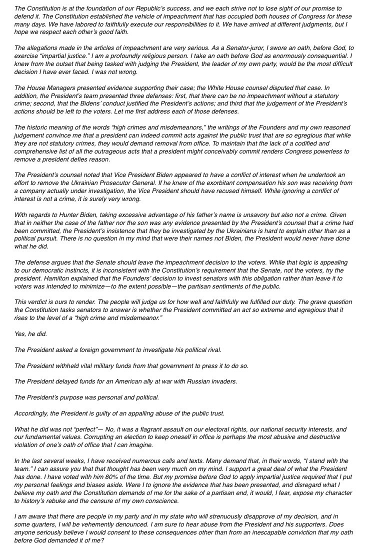GlenMills22's tweet photo. #Utah @SenatorRomney will vote guilty on Article I and not guilty on Article II. Here is how he explained it on the Senate floor. #utpol @abc4utah https://t.co/wqB4G1aykD