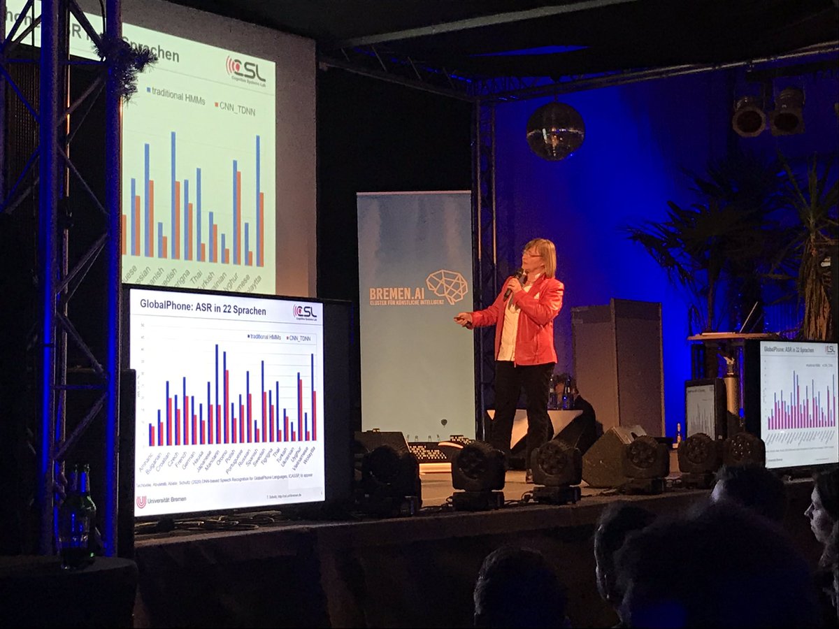 BremenAI's tweet image. Tanja Schultz vom @UniBremenCSL @UniBremen beim #BremenAI Main Event über Möglichkeiten mit #braincomputerinterfaces Personen eine Stimme zu geben, die momentan keine haben #biosignal