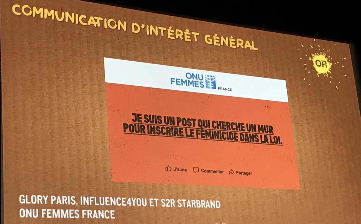 isabelle_blin's tweet photo. Prix Or de la communication d’intérêt Général pour @ONUFemmesFR au Grand Prix Strategies 2020 #Gpstrat pour la campagne d’intégration du feminicide dans le droit français! Bravo @catherineFR75 @cbuchfaure ! Et Merci à @Glory_Paris et aux influenceuses! https://t.co/jDgk9hJcDY