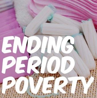 Image shows sanitary products with a text overlay "Ending Period Poverty"