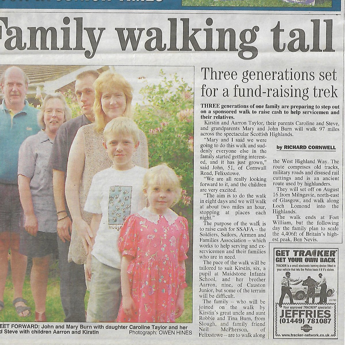 'Family walking tall' news story clipping from the East Anglian Daily Times, Friday 24 July 1998.