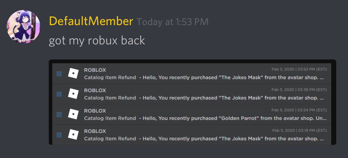 Makio On Twitter Ayee People Got Refunded From The Ugc Stuff Credits To Defaultmember From Discord 3 Roblox Robloxugc - how to refund stuff in roblox