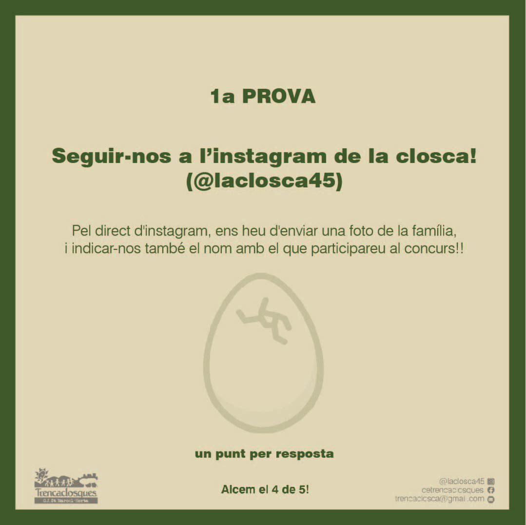 I aquí està la PRIMERA PROVA del concurs, en la que es pot guanyar 1 punt: Pel direct d'instagram @laclosca45, ens heu d'enviar una foto de la família, i indicar-nos també el nom amb el que participareu al concurs!

Molta Sort!💪🏻☘🥚