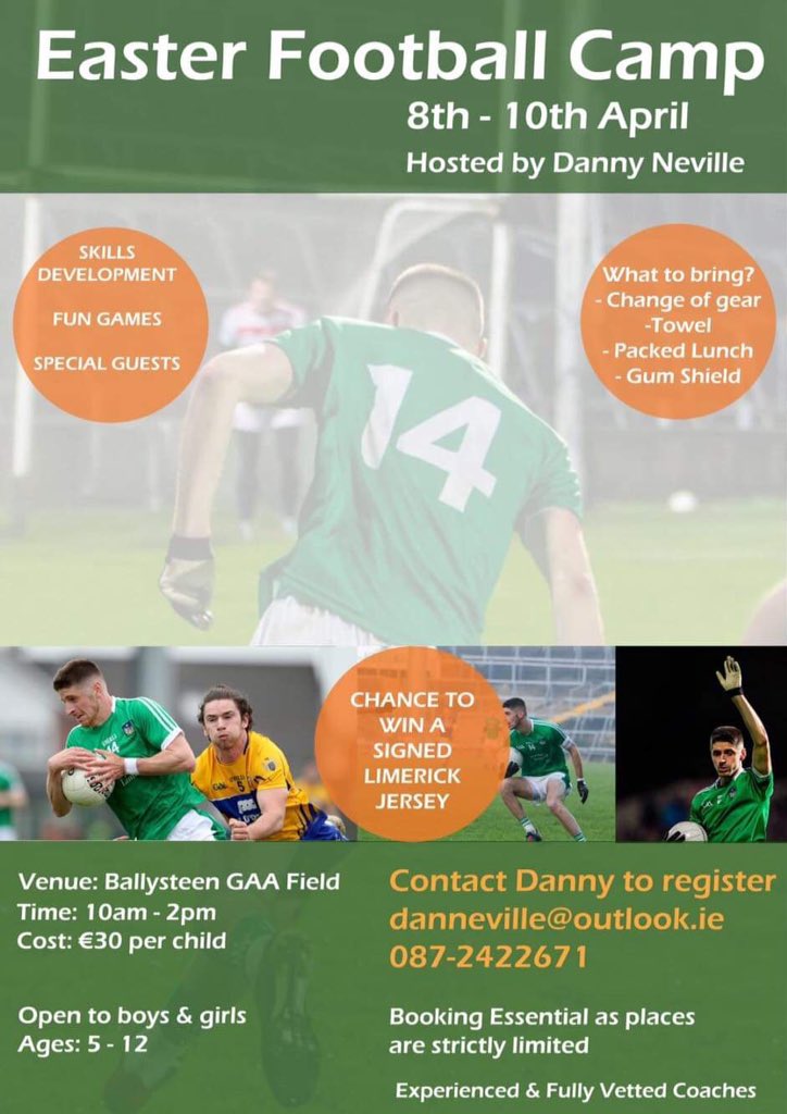 ***Easter Football Camp***RETWEET

📍Ballysteen 
📆8th-10th April 
📧Email or Phone to Book a place or further details.
