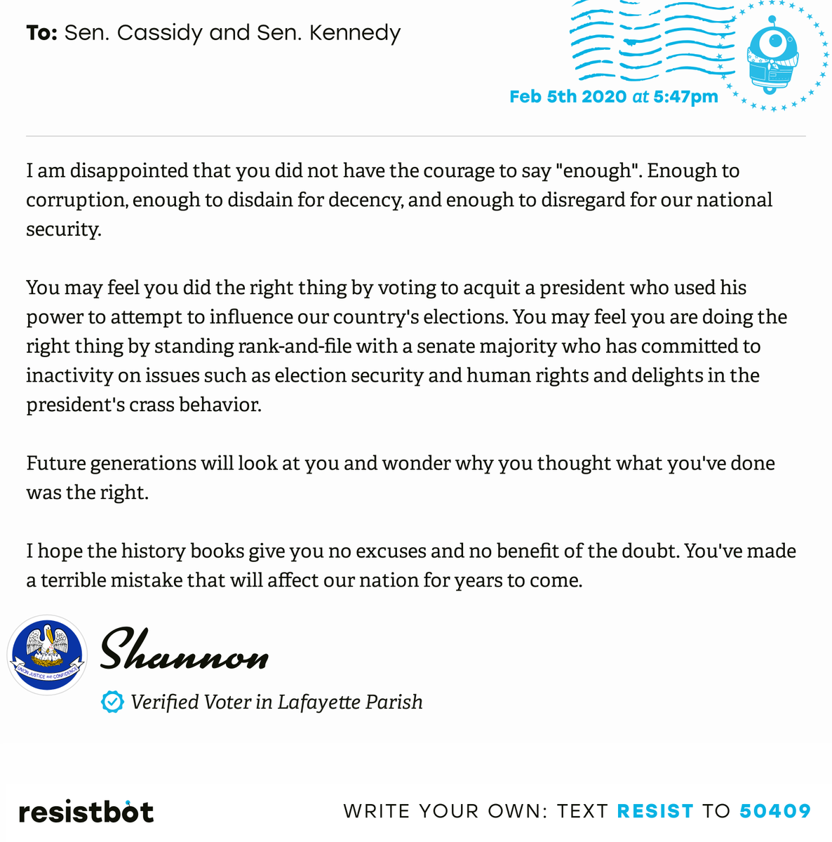 openletterbot's tweet photo. 📬 I just delivered this letter from Shannon in Lafayette, La. to @BillCassidy and @SenJohnKennedy #LA03 #LApol

📝 Write your own: https://t.co/z5540KFSKD https://t.co/K5l0cFKF87