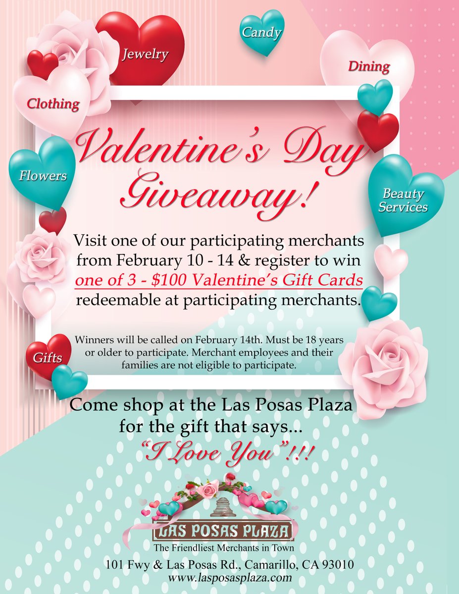 PosasLas's tweet image. #ValentinesDay #giftcard #Giveaway. Come visit us between February 10-14 to register at one of our participating #merchants and enter for one of 3-$100 #giftcard. We have everything to offer for your #sweetheart here at the Las Posas Plaza. lasposasplaza.com