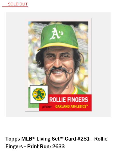 Print runs and rankings for Week 99 of the #ToppsLivingSet
#281 Rollie Fingers, Oakland Athletics - 2,633
#282 Seth Lugo, New York Mets - 2,103