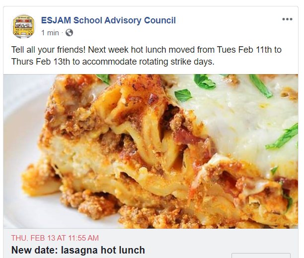 sirjohnasac's tweet photo. Change of hot lunch date next week @SirJohnA_LDSB to accommodate rotating strike days.  No need to pack on lunch on THURS Feb 13th.  Tell all your friends! https://t.co/zSTaYlkrbU