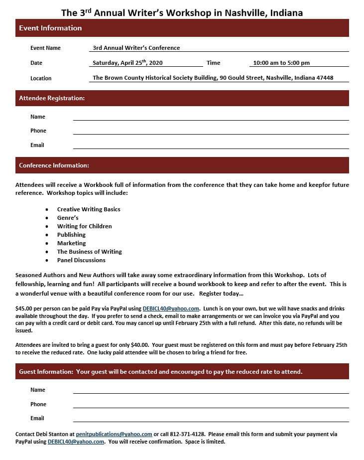 PenItPub's tweet photo. 2020 Nashville, Indiana Writers Conference is scheduled for Saturday, April 25th. Each participant gets a quality printed workbook.  Register at DEBICL40@YAHOO.COM.  $45 for the 1st person and bring a friend for $40. https://t.co/W2AVzkz0LI