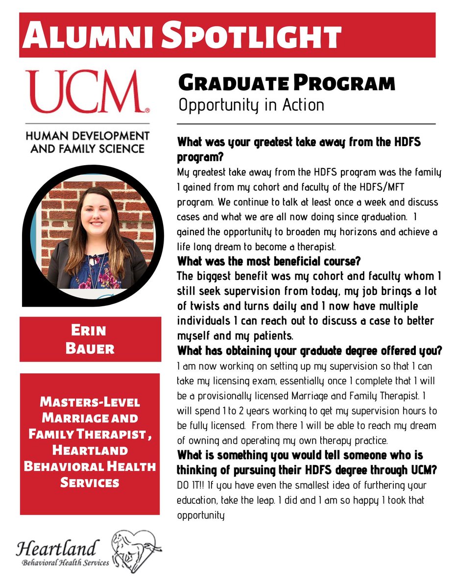 UCM_HDFS's tweet photo. Alumni Spotlight for February is 2019 HDFS Graduate Student, Erin (Bauer) Schell, she is currently a Marriage and Family Therapist at Heartland Behavioral Health Services. Read about her experiences in the HDFS Graduate Program #ucmgrad #gradsdoinggreatthings
@Harmon_College https://t.co/lDoRrFXSd9