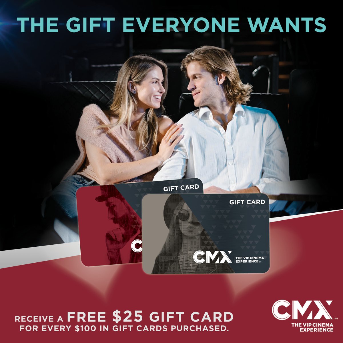 This #ValentinesDay, wow your special someone with a #CMXCinemas gift card. 😍 Plus, you'll receive a FREE $25 gift card for every $100 in gift cards you purchase! Offer valid online only through February 17th. Visit bit.ly/2UqRSfY to purchase yours today!