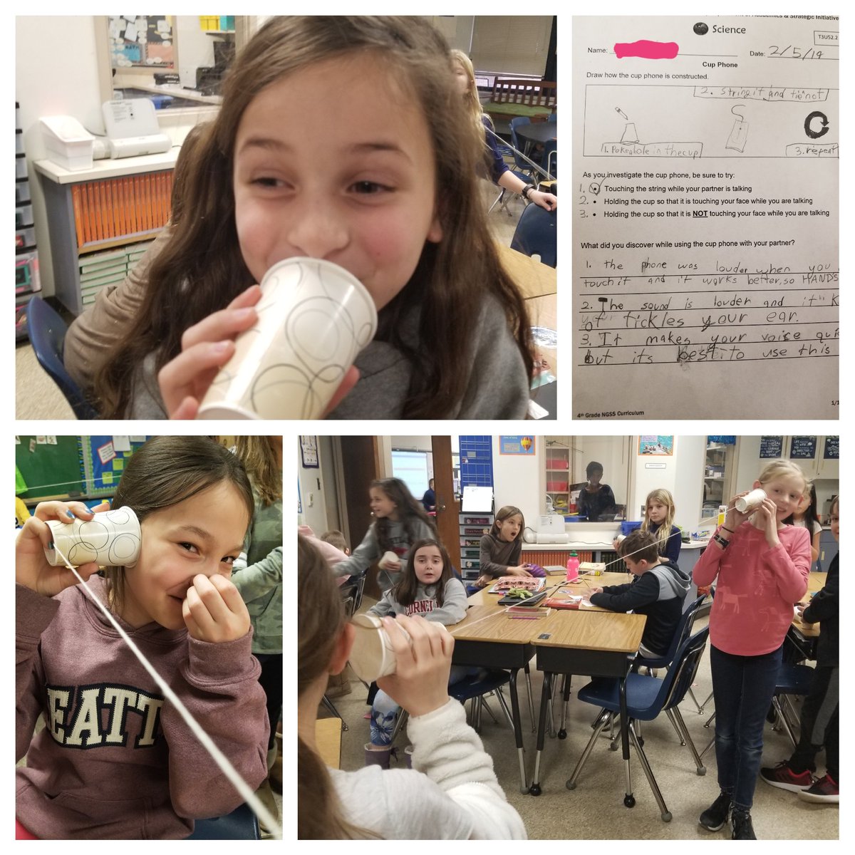 Sthawkins4's tweet photo. Grade 4 science investigations of sound vibrations in "Cup Phones." @TheFarmAACPS #AACPSAwesome #aacpsscience #AACPSAwesome https://t.co/DaPhUbzULl