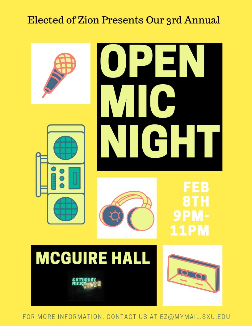 ElectedZ's tweet photo. Just a few more days until Open Mic Night! Join us for some fun,food, laughs, and great performances. If you’re interested in performing, send us an email at ez@mymail.sxu.edu https://t.co/pUqosByhhH