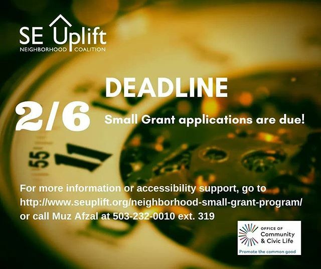 SE Uplift (@seuplift) on Twitter photo It's the Final Countdown!
The Community & Civic Engagement Small Grants Deadline is February 6th, 2020 end of day! Hurry and get those community project proposals in!
Send Grant Applications to Muz@seuplift.org or hand deliver to SE Uplift, 3534 SE Main… ift.tt/2SoPFia It's the Final Countdown!
The Community & Civic Engagement Small Grants Deadline is February 6th, 2020 end of day! Hurry and get those community project proposals in!
Send Grant Applications to Muz@seuplift.org or hand deliver to SE Uplift, 3534 SE Main… ift.tt/2SoPFia