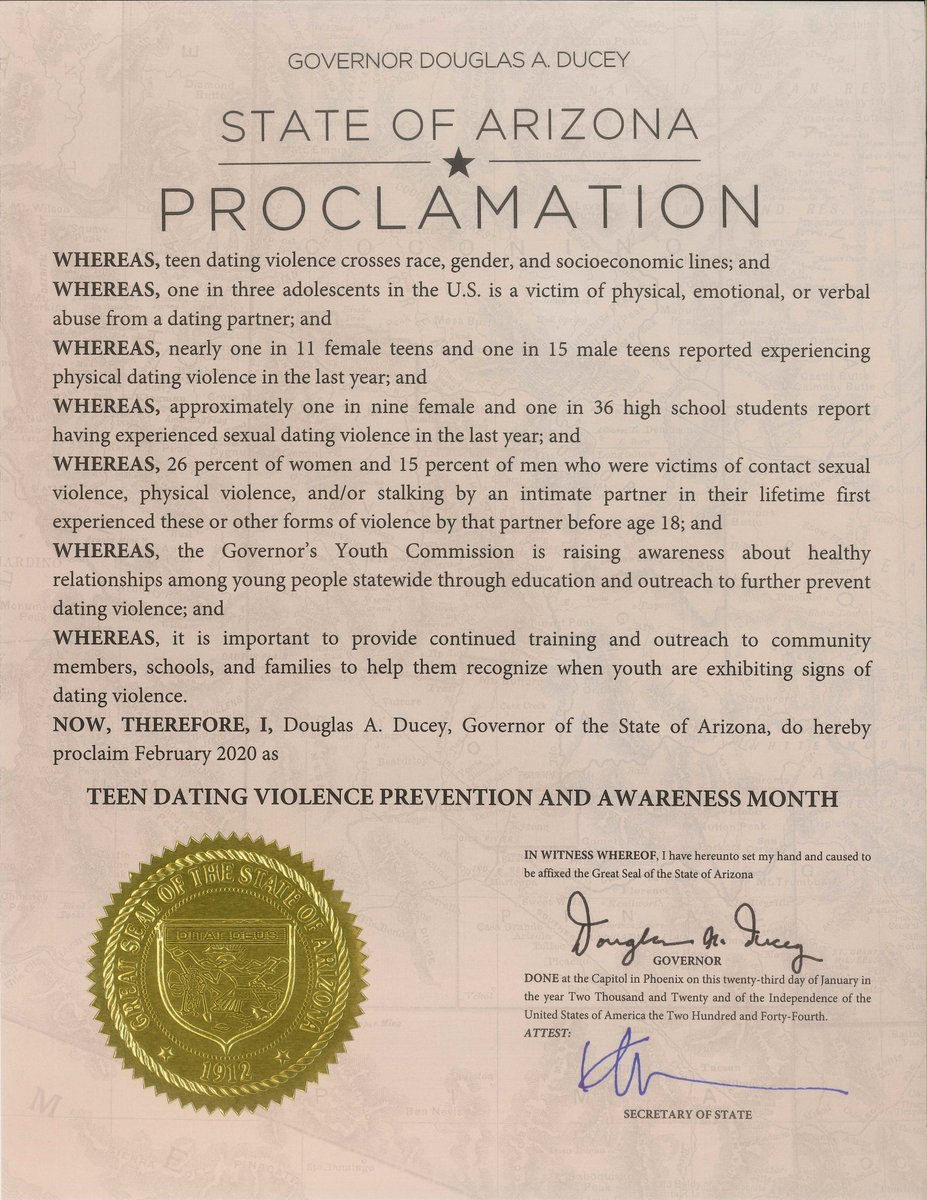 Thank you for recognizing February as Teen Dating Violence Prevention &amp; Awareness Month, <a href="/dougducey/">Doug Ducey</a>. By providing continuous training &amp; outreach to community members, schools &amp; families, Arizona is committed to building healthy relationships &amp; preventing abuse. #TDVAM #TDVAM2020