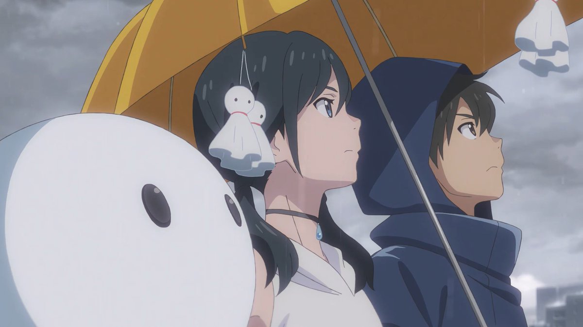 Still from Animated Film Weathering with You. In the closeup, three characters are looking bravely up into stormy skies. The boy on the far right is wearing a blue hoodie, the girl in the middle has bangs and is holding a yellow umbrella with little good luck talismans on it, and the little boy on the left is dressed as the good luck talisman.