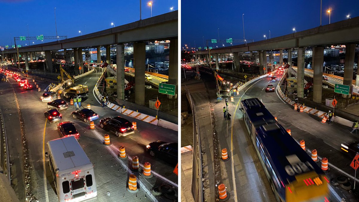 A collage of two photos show the unionport bridge shot from above. In the first photo draft is moving to the left at a fork, and the right is blocked by a construction vehicle. In the second photo traffic is moving smoothly to the right at the fork