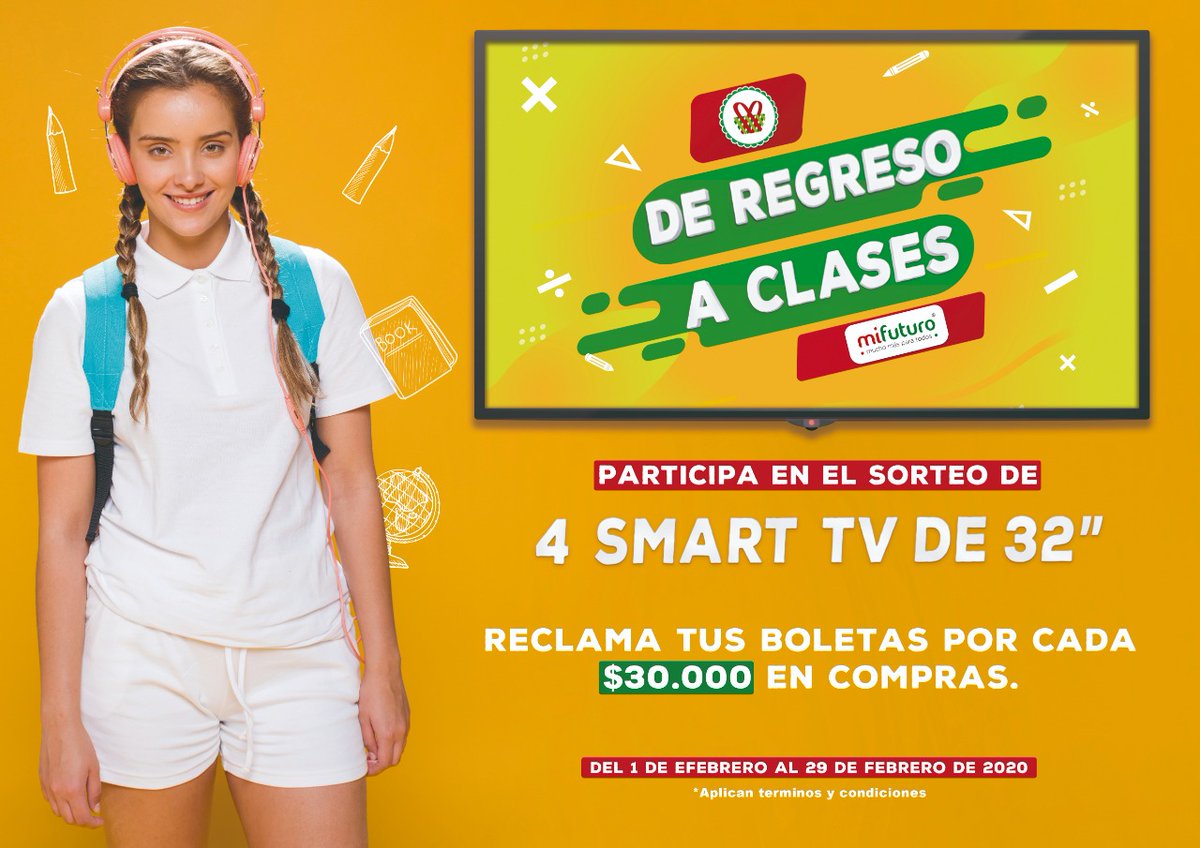 Supermifuturo's tweet photo. Gana 1 de 4 SMART TV 32”
1 Regístrate en nuestra base de datos, en los puntos de servicio al cliente.
2 Realiza tus compras y por cada $30.000 recibe una boleta para participar. 
El sorteo se realizará el 29 de febrero de 2020.
*Aplican términos y condiciones.

#deregresoaclases https://t.co/1C4TZ7YV2E