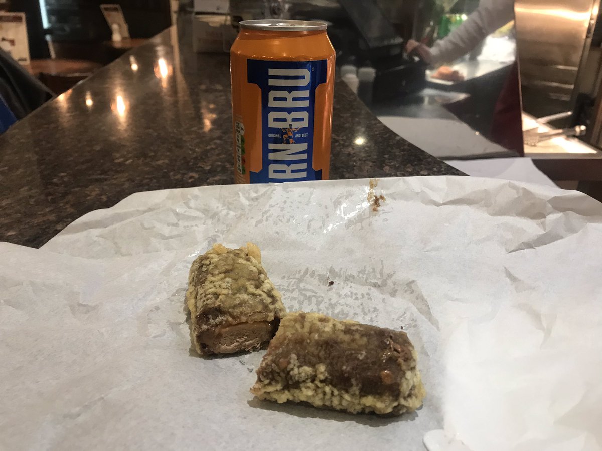 jacquiwalls's tweet photo. So they DO exist. I went in search of the Deep Fried Mars Bar in Glasgow and lived to tell the tale #food #fastfood #irnbru #scotland #notforthegram https://t.co/SO07ItA5dJ