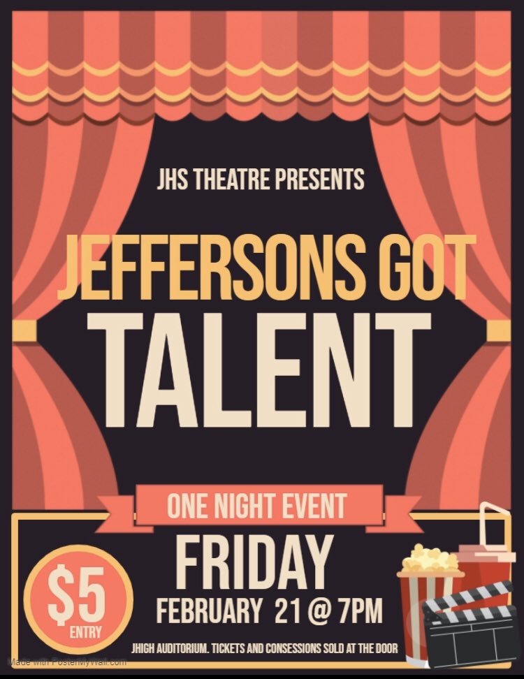 JHighTheatre's tweet photo. TALENT SHOW! sign ups in the theatre room, chorus room, call board, and with all of our officers. $7 entrance fee to compete!
 - cash prizes (1-3 also get a free yearbook courtesy of yearbook club!!) 
- guest performance by riverwood
-a night of fun!!! spread the word!!!! https://t.co/JIAPNztbY3