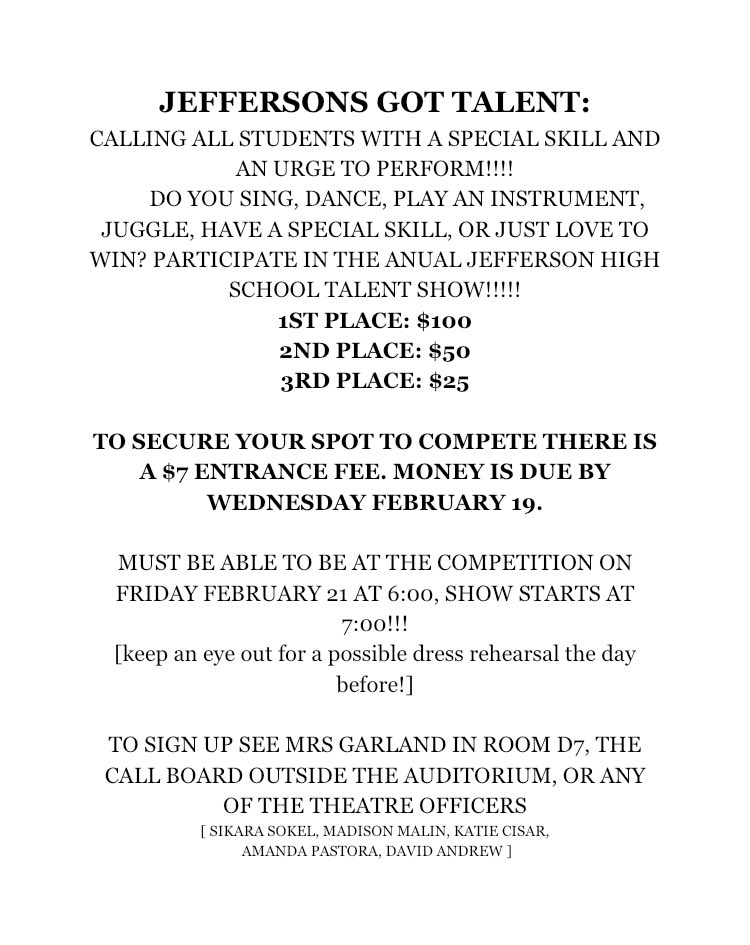 JHighTheatre's tweet photo. TALENT SHOW! sign ups in the theatre room, chorus room, call board, and with all of our officers. $7 entrance fee to compete!
 - cash prizes (1-3 also get a free yearbook courtesy of yearbook club!!) 
- guest performance by riverwood
-a night of fun!!! spread the word!!!! https://t.co/JIAPNztbY3