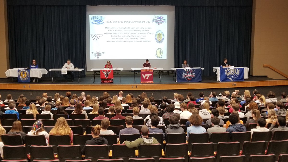 Sportswire | The Crew (@watchsportswire) on Twitter photo National Signing Day at <a href="/DRathletics/">DRHS Athletics</a>. Mathew Birken (<a href="/CNULacrosse/">CNU Men's Lacrosse</a>), Hannah Braswell (<a href="/SUHORNETSLAX/">Shenandoah Lacrosse</a>), Colby Burcham (<a href="/HokiesTFXC/">Virginia Tech Track & Field</a>), Lindsey Hair (<a href="/LynchburgSwim/">University of Lynchburg Swimming</a>), Rhys Peterson (<a href="/LanderMLAX/">Lander Men’s Lacrosse</a>) and Hailey Sell (<a href="/WNE_GoldenBears/">Western New England Athletics</a> - Volleyball) #NationalSigningDay National Signing Day at <a href="/DRathletics/">DRHS Athletics</a>. Mathew Birken (<a href="/CNULacrosse/">CNU Men's Lacrosse</a>), Hannah Braswell (<a href="/SUHORNETSLAX/">Shenandoah Lacrosse</a>), Colby Burcham (<a href="/HokiesTFXC/">Virginia Tech Track & Field</a>), Lindsey Hair (<a href="/LynchburgSwim/">University of Lynchburg Swimming</a>), Rhys Peterson (<a href="/LanderMLAX/">Lander Men’s Lacrosse</a>) and Hailey Sell (<a href="/WNE_GoldenBears/">Western New England Athletics</a> - Volleyball) #NationalSigningDay