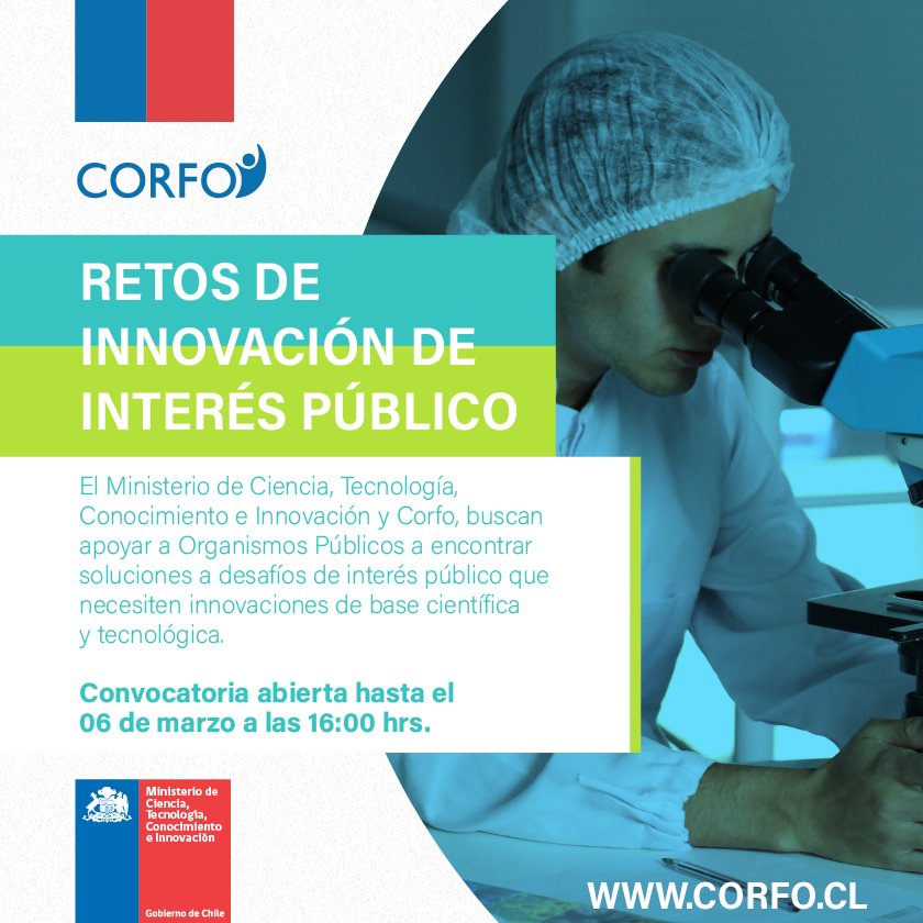 Desde <a href="/Corfo/">Corfo</a> Metropolitano te invitamos a ser parte de los Retos de Innovación de Interés Público junto al <a href="/min_ciencia/">Ministerio de Ciencia</a> 
Postulaciones abiertas AQUI  👉👉bit.ly/Riii_CInn.