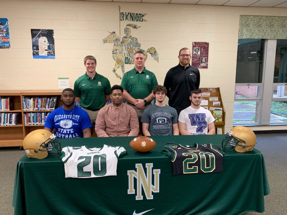 NNHS_Athletics's tweet photo. Congratulations to Brian Hopkins (Elisabeth City State), Chris Reynolds (Louisburg), Michael Bunn (North Carolina Wesleyan) and Austin Curtis (William Penn) for each committing to play football at the next level today! We’re so proud of each of you! #GoKnights https://t.co/reWBvjiVdg