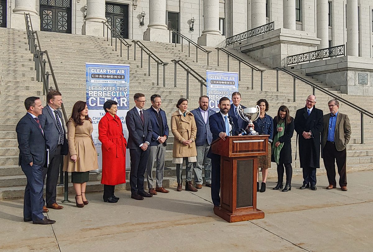 DEQBaird's tweet photo. Friday, I was honored to join @RepBriscoe, @RepPatriceArent, @thomcarter, @slcmayor, @VoteSuz, @StephenHandyUT, @limebike, @vpottercache, @DominionEnergy, @gopTODD, @BradWilsonUtah to kick off this years @UCAIR_UT and @saltlakechamber's #ClearTheAirChallenge. #ShowUCAIR https://t.co/zjYVX0biuy