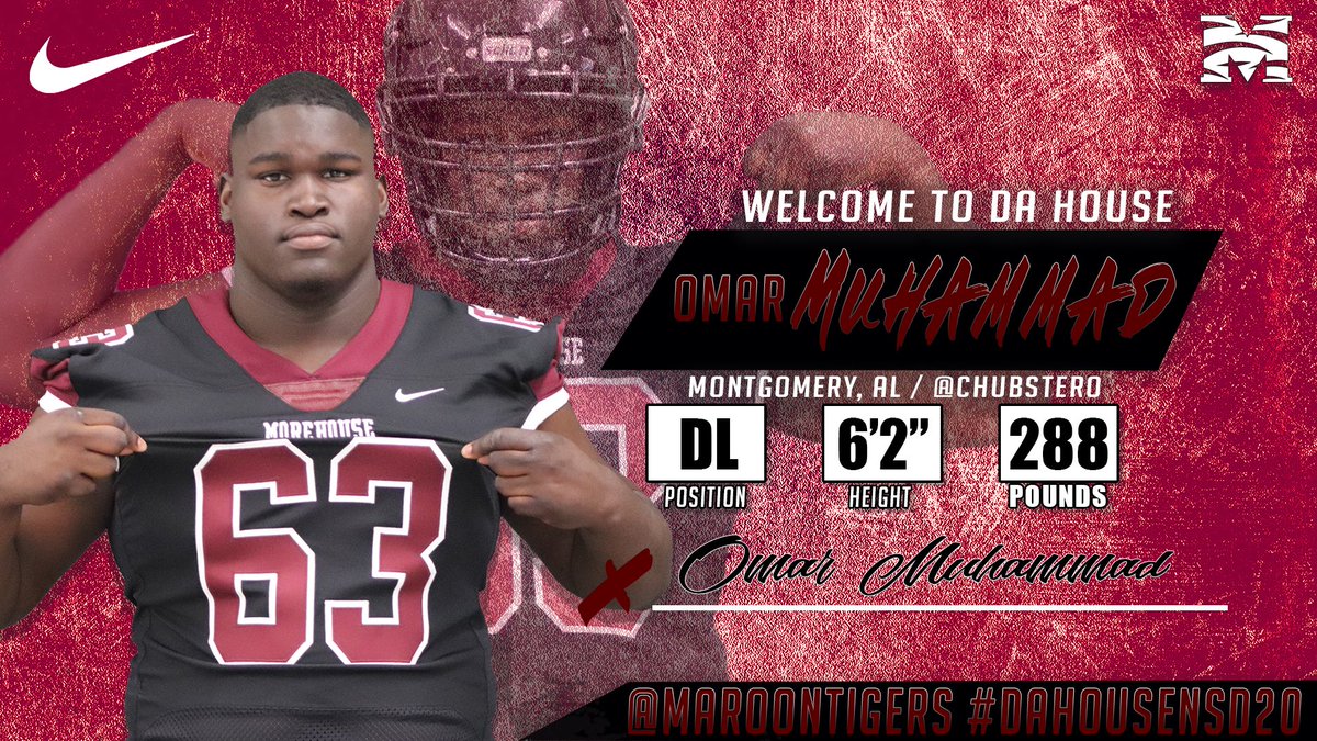 Welcome Omar Muhammad to the Morehouse College Family! 🙆🏽‍♂️ #DaHouseNSD20 🏈 Defensive Line 🐦 @chubsterO 📚 Jefferson Davis HS 📍 Montgomery, AL