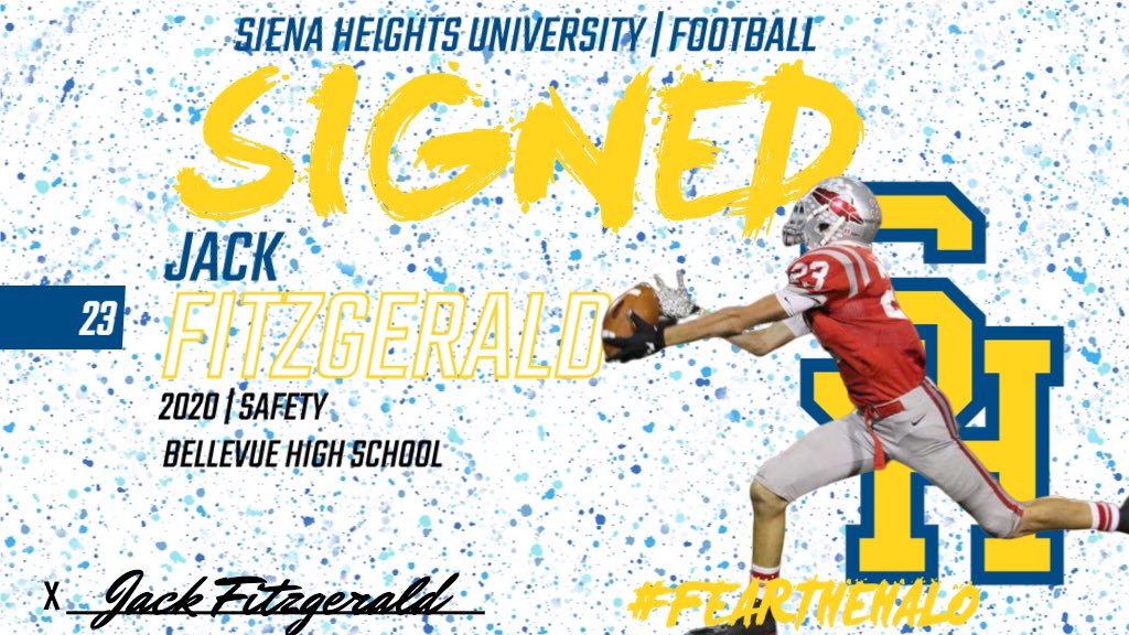 SienaHeightsFB's tweet image. 💫 SIGNED ✍️ 💫

Please welcome Safety Jack Fitzgerald (@fitzie03)! Jack is a safety who is not afraid to come down and hit anything in his way!

📍Bellevue, OH
🏫 @BHSRedmen 
#FearTheHalo💫 | #SHU2020 | #NSD2020