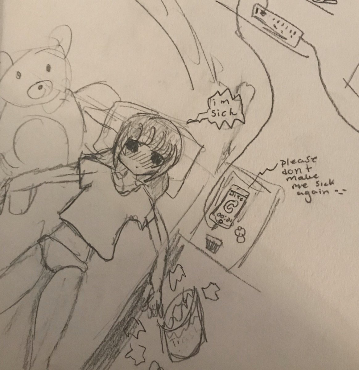 haileyume's tweet photo. I’m sick with the flu, here’s a drawing of me dying in med uwu https://t.co/kgkTZYx37P