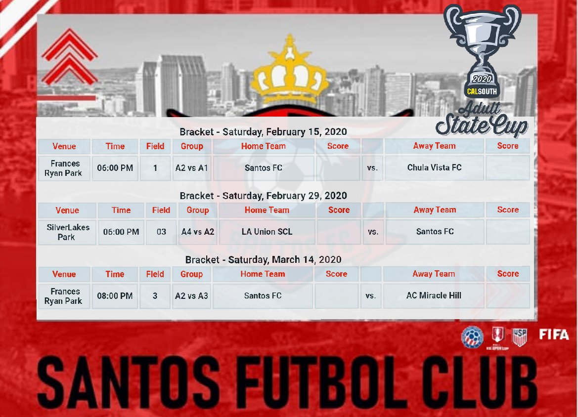 santosfcupsl's tweet photo. 2020 Cal South Adult State Cup Schedule #santosfc #statecup #2020 #allday #soccer https://t.co/MRYuJwcCf1