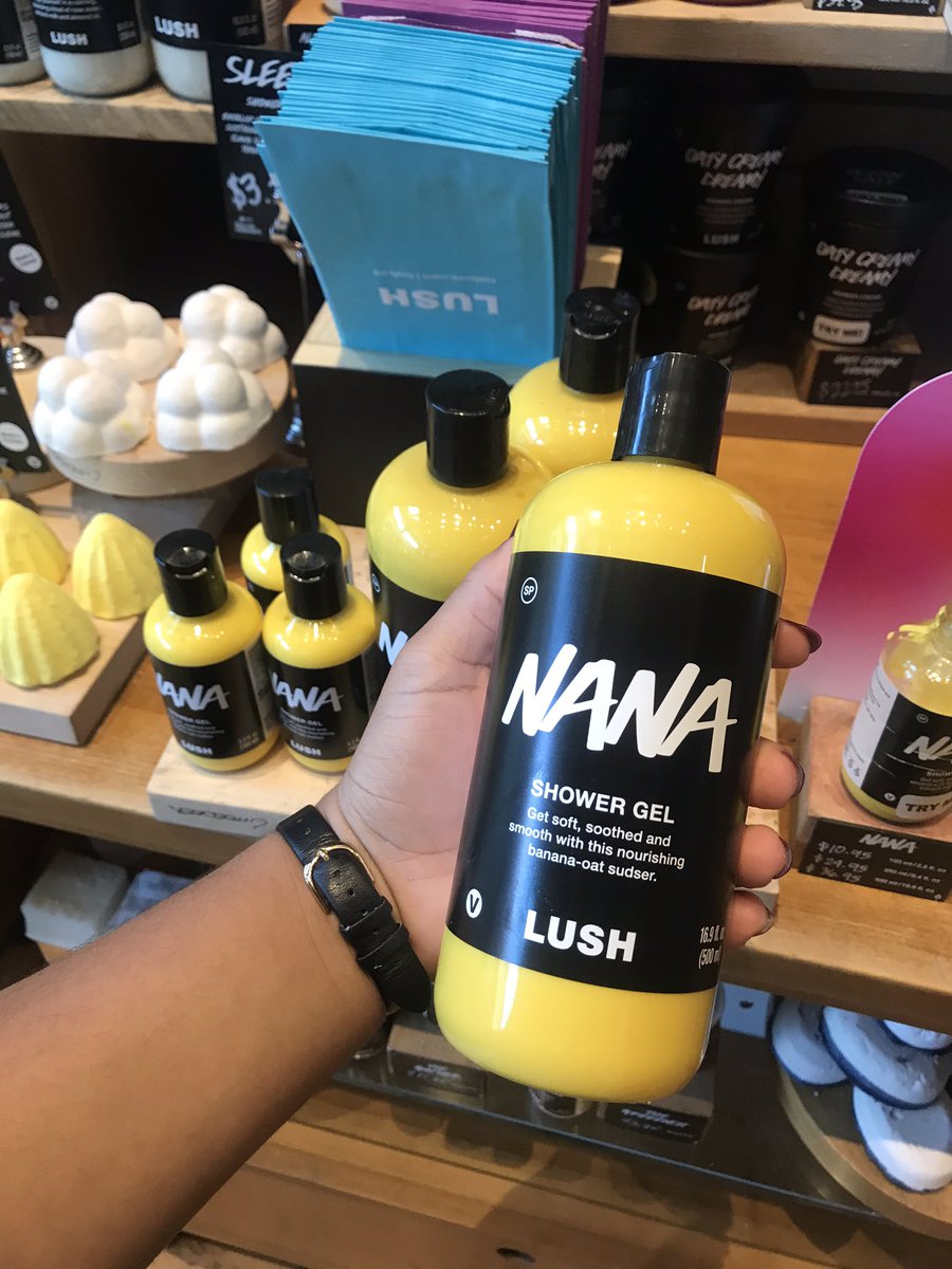 LUSHBrandon's tweet photo. Rejoice Brandon Lushies, #Nana shower gel is back in stock! Pop into the shop to get your bottle of this dreamy banana sudser! #LUSHbrandon https://t.co/Mi4IRi8K1N