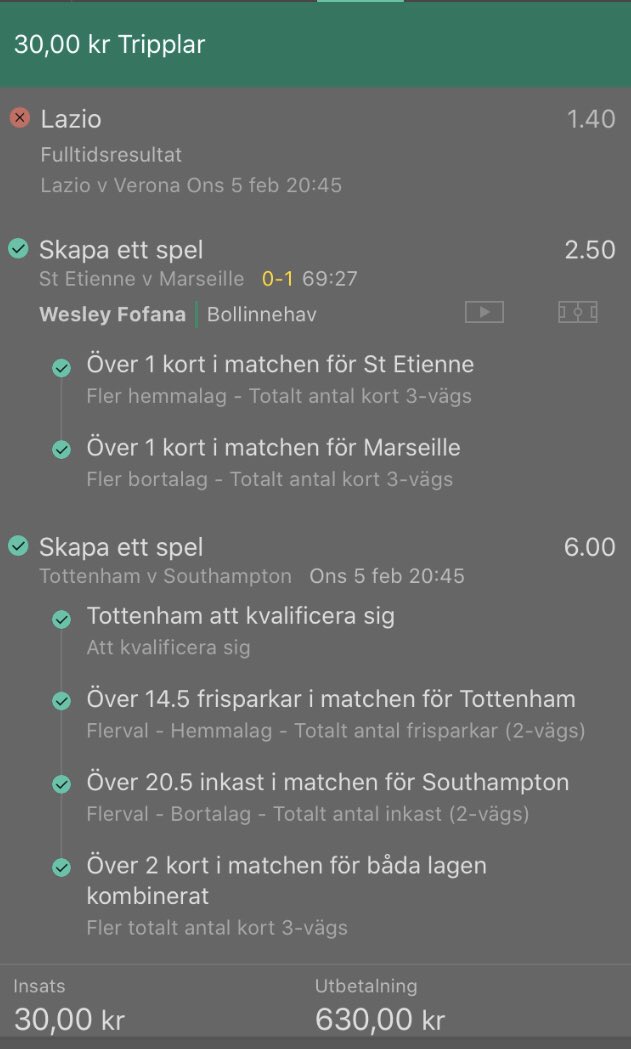 Riktigt surt att denna kombinationen med lite inspiration från @blockenbetting och <a href="/mauzbetting/">Mauzbetting</a> på 0.3 units inte sitter.😁
Vi sätter dock de tunga spelen. Vi tar nya tag imorgon!🤩🔥🏦