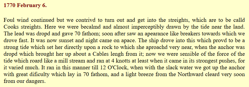  #Banks250: Today we're finally underway, through "Cook's" strait, but not without issues. The little tub cannot sail upwind you see, so confined navigation is fraught, and when you add strong tidal currents, dangerous. Your bower is your friend.Banks is inclined to dramatise.