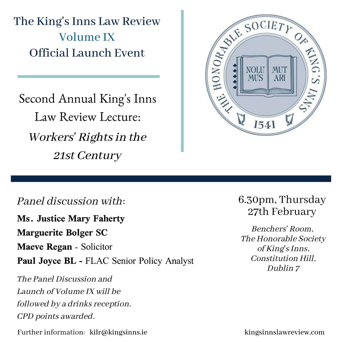 KILawReview's tweet photo. Official Launch Event to be held at King's Inns on Thursday 27th February. Please see details below. https://t.co/sxQtbJcEXi