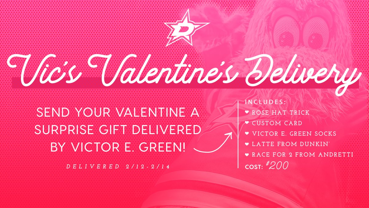 ROMANCE IS IN THE AIR! (And flowers, cards, socks, coffee, and high speed go karts!)

Thanks to <a href="/dunkindonuts/">Dunkin'</a> and <a href="/AndrettiKarting/">Andretti Indoor Karting & Games</a>, I've added a lot to this year's package! Follow this link to request one for your special loved one! dallasstars.formstack.com/forms/victor_v…