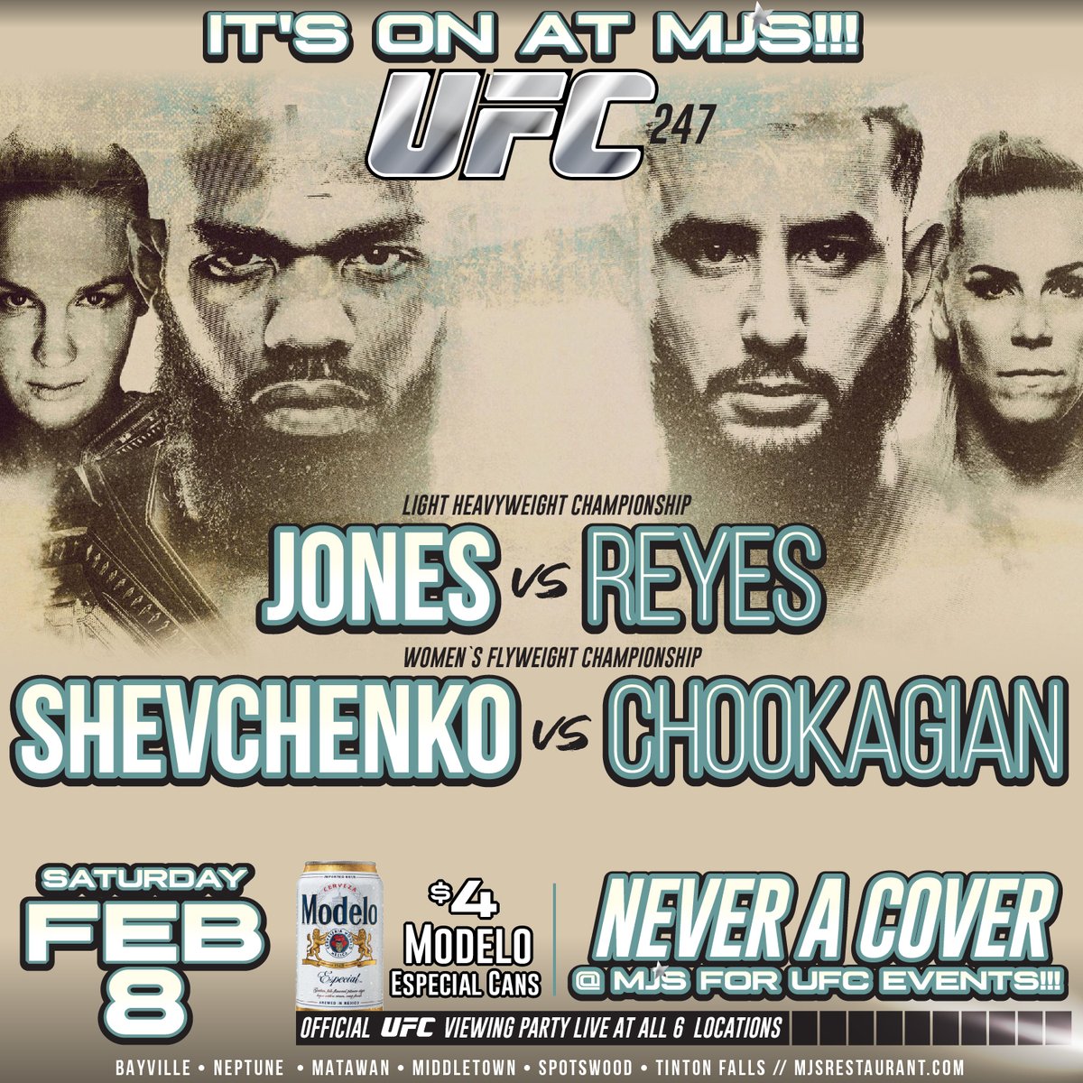 MJ's Restaurant (@mjs_restaurant) on Twitter photo This Saturday 2/8 watch #UFC247 at all 6 locations with NO COVER!! The pay-per-view action starts at 10pm!! $4 <a href="/ModeloUSA/">Modelo USA</a> 12 oz. cans on special along w/ other #drinkspecials #drinklocal This Saturday 2/8 watch #UFC247 at all 6 locations with NO COVER!! The pay-per-view action starts at 10pm!! $4 <a href="/ModeloUSA/">Modelo USA</a> 12 oz. cans on special along w/ other #drinkspecials #drinklocal
